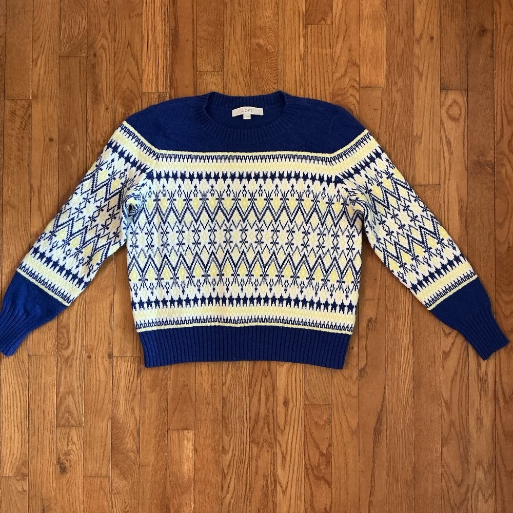 Loft Womens Blue White Yellow Fair Isle Geometric Knit Crew Neck Sweater Large